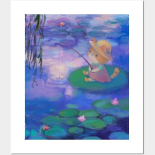 Cat Fishing Among Monet Water Lilies Posters and Art